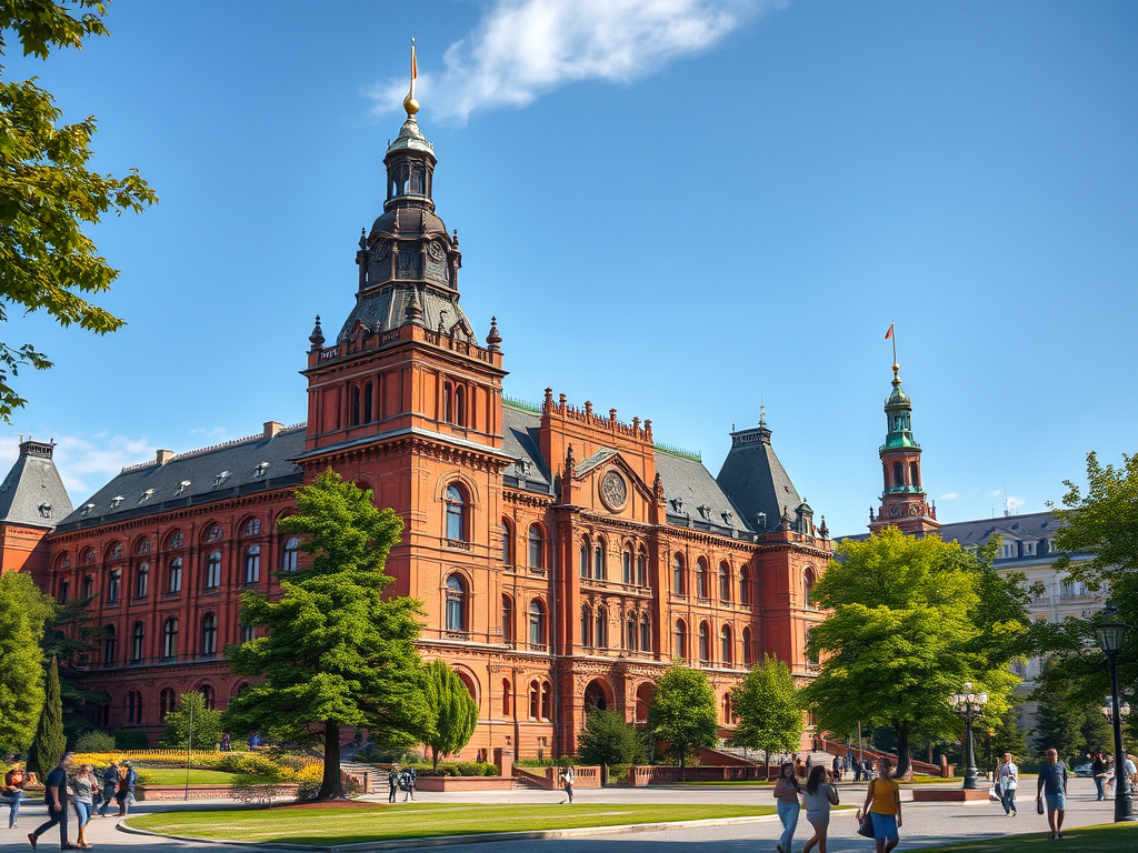 A historic building with red brick architecture, featuring intricate details and a turret, surrounded by trees and people enjoying the park.