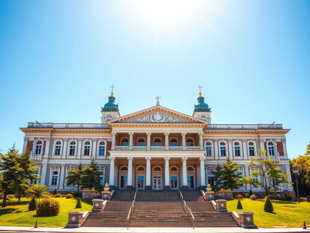A grand university building with an ornate facade, surrounded by trees and clear blue skies.