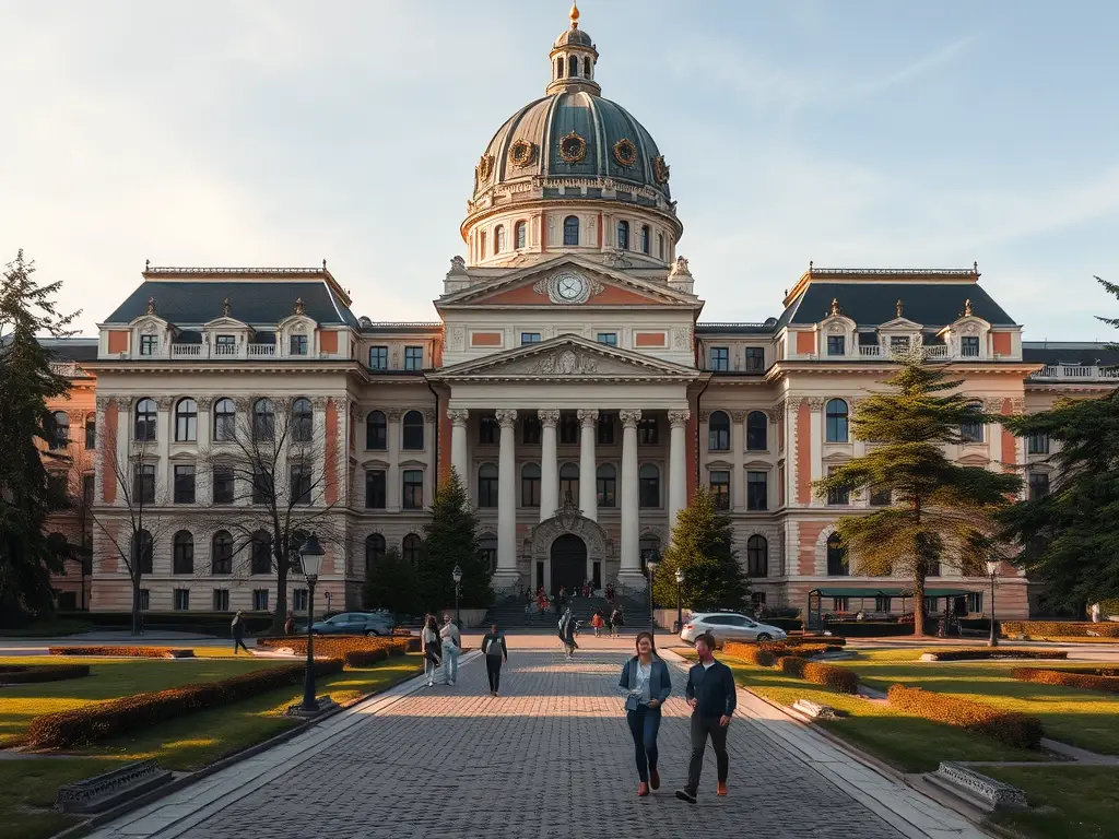 A historic university building with a large dome and clock tower, surrounded by landscaped gardens and pathways, with people walking in front.