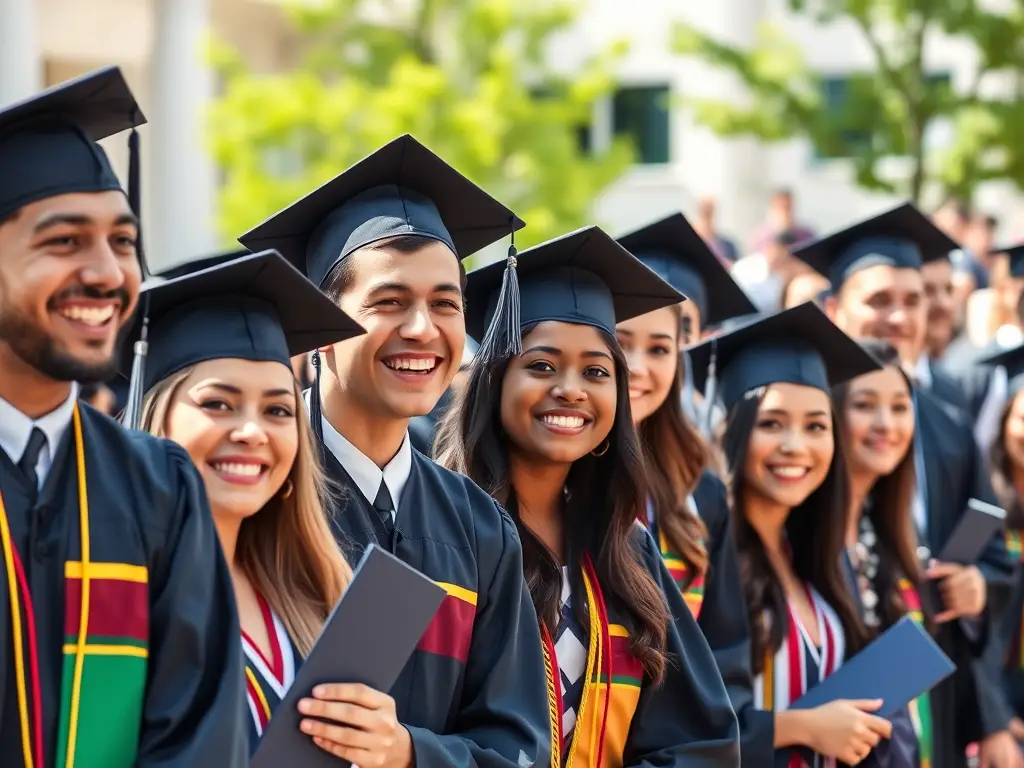 A group of diverse graduates wearing caps and gowns, smiling and celebrating their achievements at a graduation ceremony.