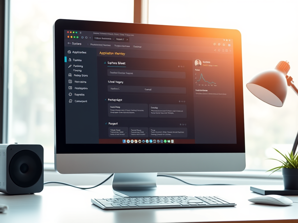 A computer desk setup featuring a monitor displaying an application management interface, accompanied by a keyboard, mouse, and a small speaker, with natural light coming through a window.